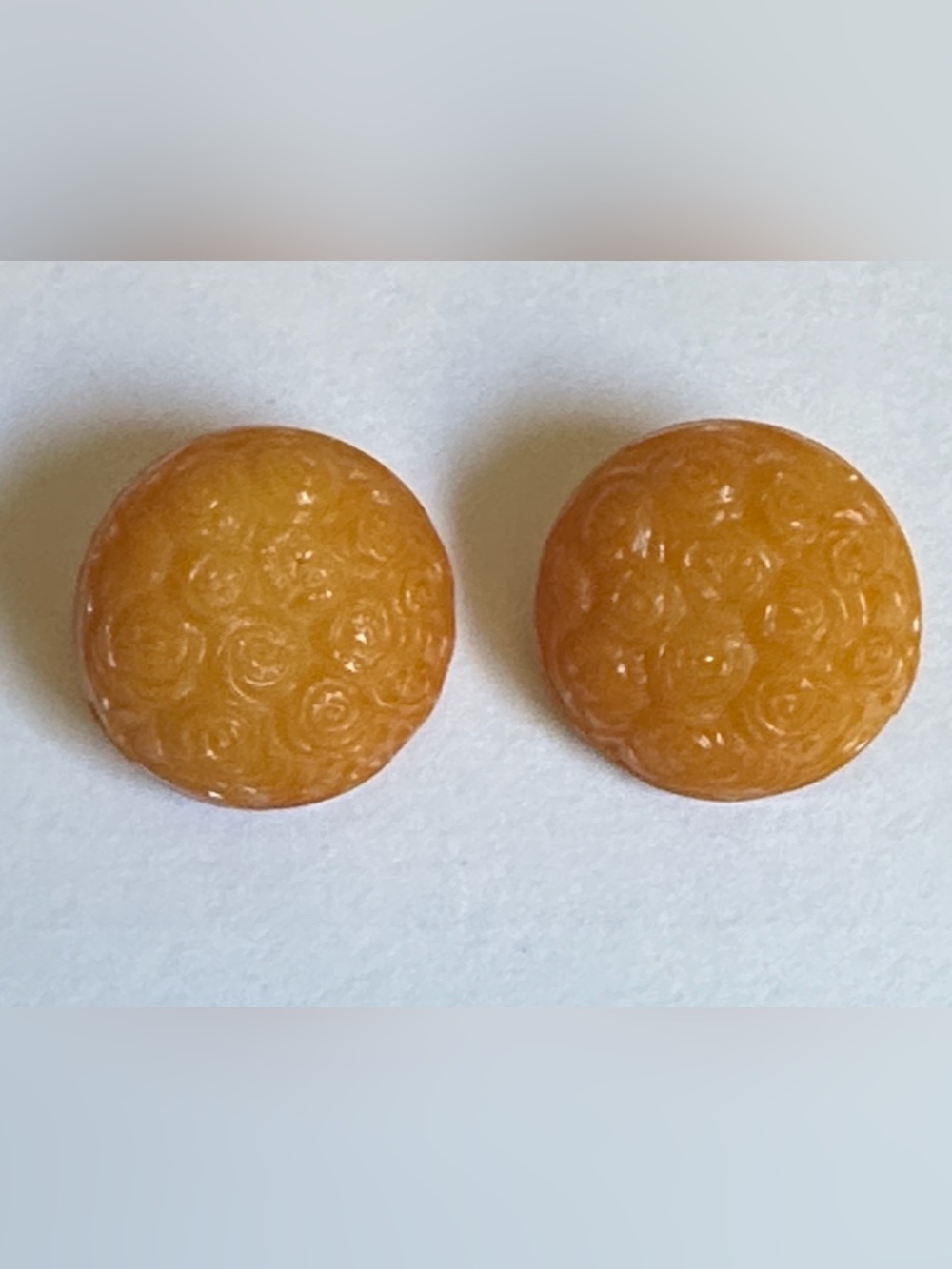 2 Vintage Butterscotch Floral Rose Buttons
Large 2” Molded Shank